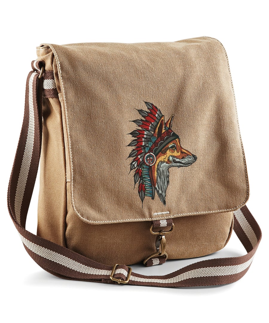 Native Indian Fox Embroidered Canvas Field Bag
