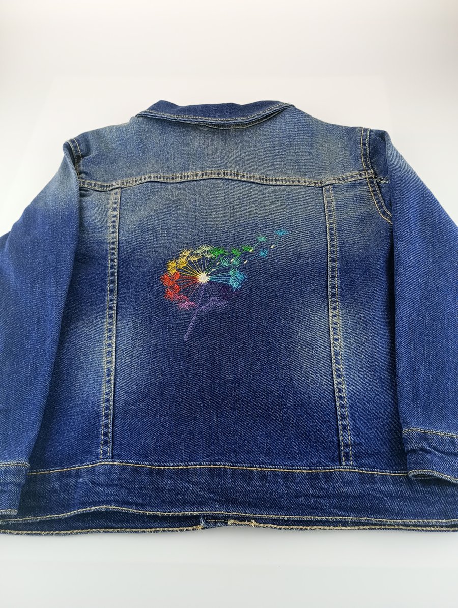 Girls Denim Jacket Age 5-6 Years Upcycled Rainbow Dandelion Wishes