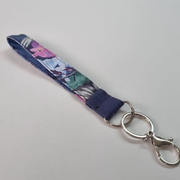 Blue Floral Wristlet Keyring – upcycled fabric – Small Gift 