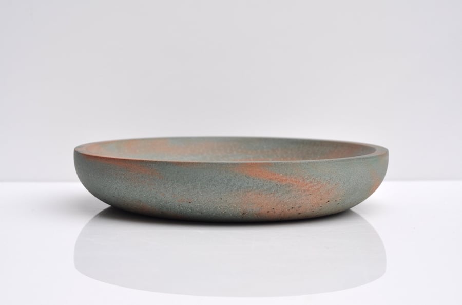 Handmade Concrete Bowl - Shallow Round Cement Plate Green and Orange Textured Ke