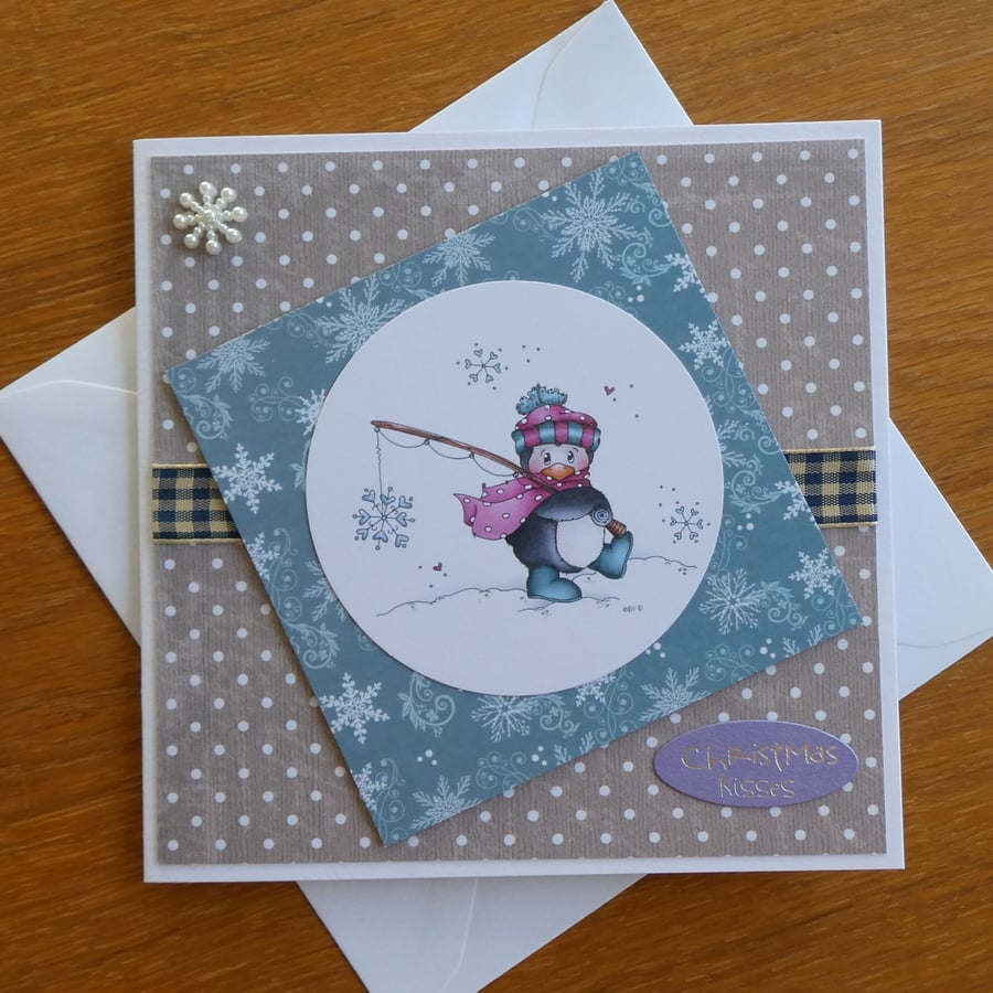 Penguin With Fishing Rod Christmas Card - Christmas Kisses