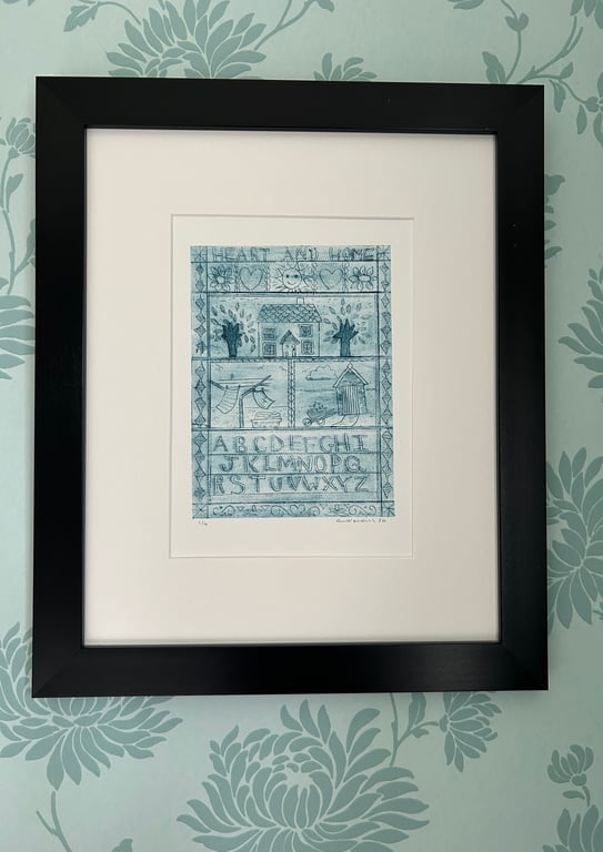 Heart and Home - Etching in blue - handmade print