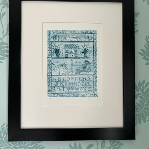 Heart and Home - Etching in blue - handmade print