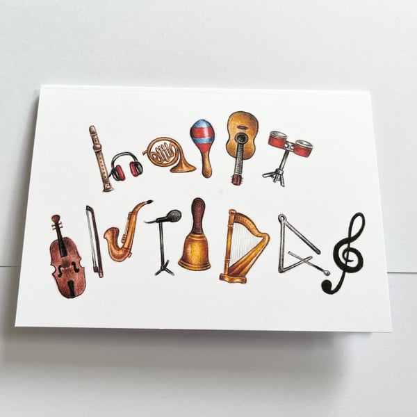 Happy Birthday card for musician - musical instruments letter art - 7x5 inches