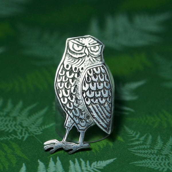 Medieval Owl lapel pin - Handmade Sterling Silver pin badge