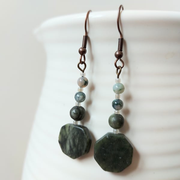 Dangle earrings with moss green agate beads