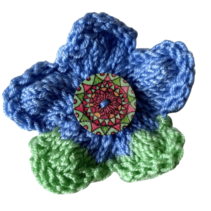 Hand knitted flower brooch pin - Blue and Green