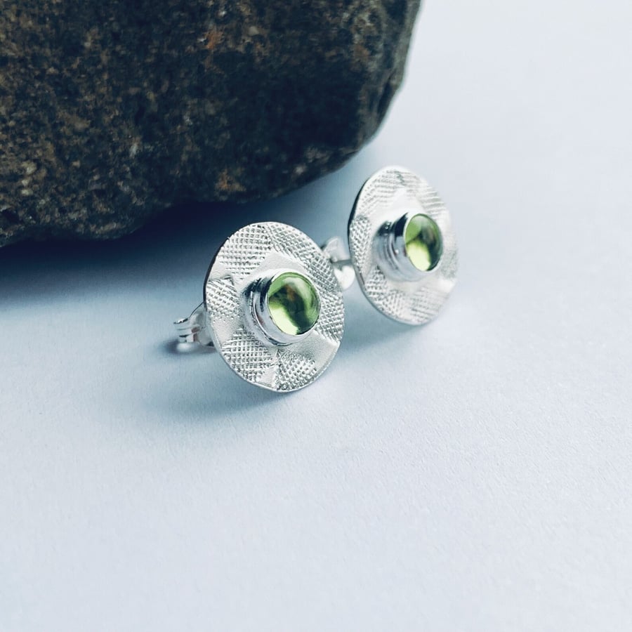Recycled Sterling Silver Peridot Textured Disc Stud Earrings