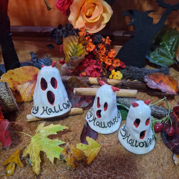 Set of Three Handmade Halloween Ceramic Devil Ghosts