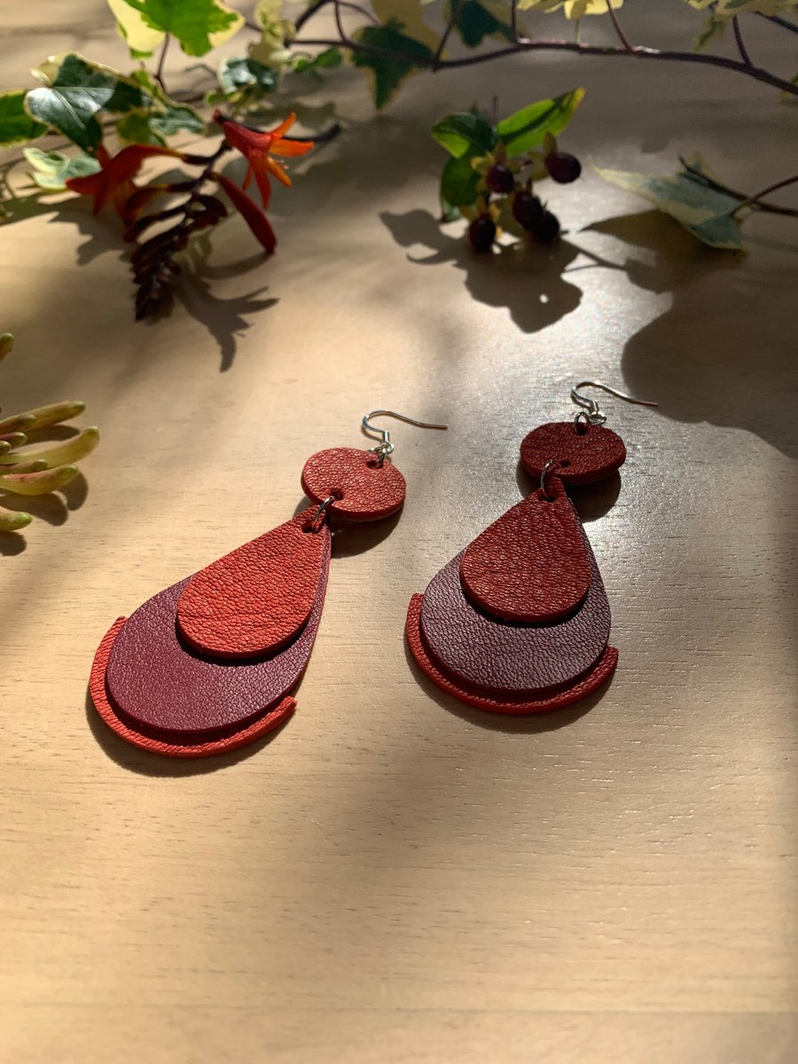 Red leather handmade earrings free gift wrap 