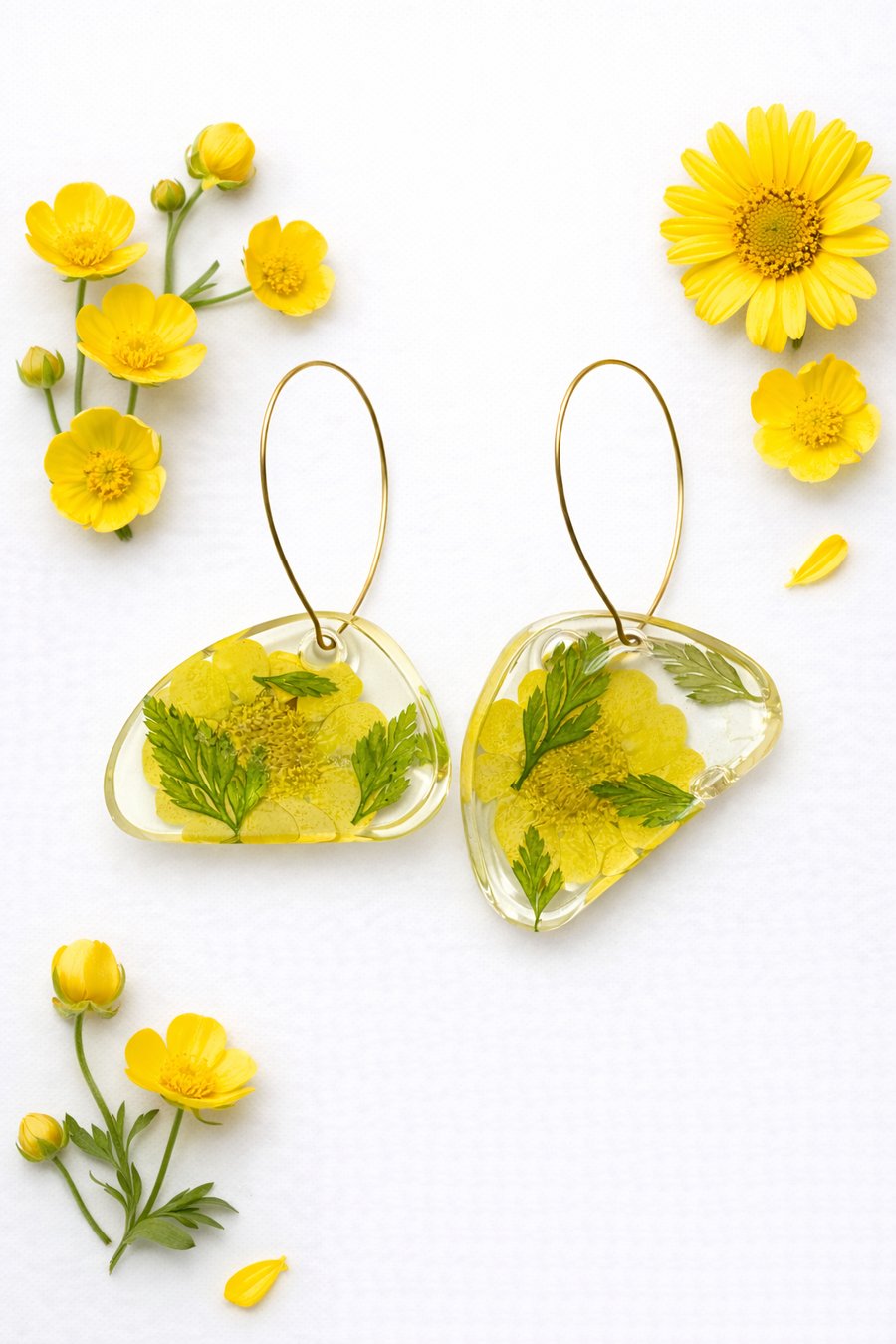 Yellow Flower Resin Earrings with Green Leaves – Asymmetrical Botanical Jeweller