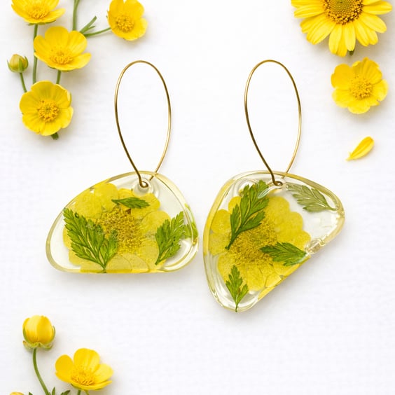 Yellow Flower Resin Earrings with Green Leaves – Asymmetrical Botanical Jeweller