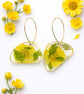Yellow Flower Resin Earrings with Green Leaves – Asymmetrical Botanical Jeweller