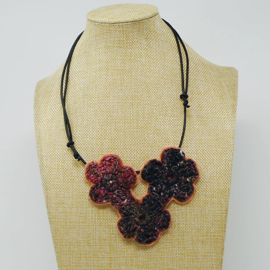 Gorgeous moody burgundy crochet flower necklace in deepest plum and maroon