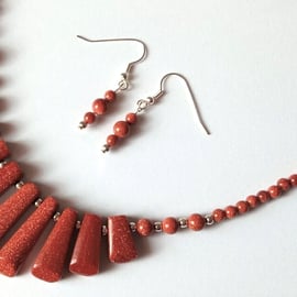 Brown Goldstone Necklace & Earring Gift Set Tapered Glittery Statement