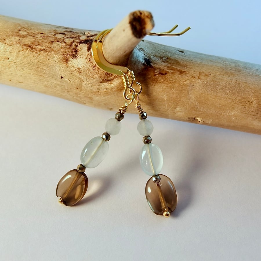 Aquamarine Earrings With Smoky Quartz And Pyrite - Handmade In Devon