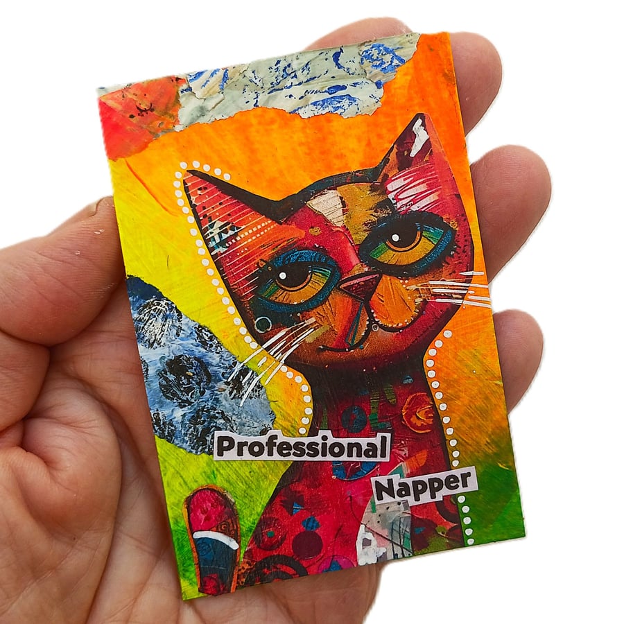 Whimsical Cat Pop Art Miniature ACEO Painting Mixed Media Original Kitty Artwork