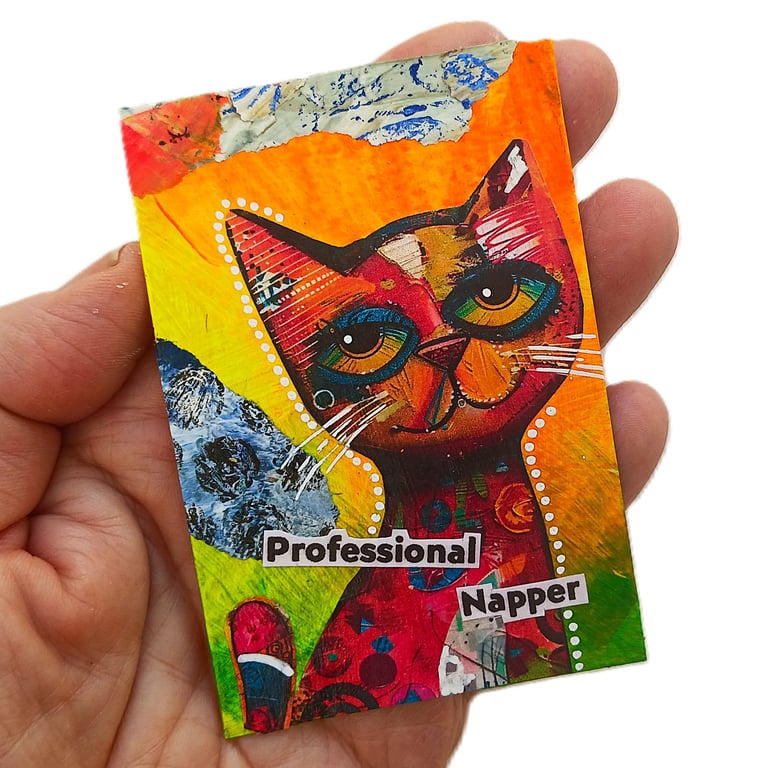 Whimsical Cat Pop Art Miniature ACEO Painting Mixed Media Original Kitty Artwork