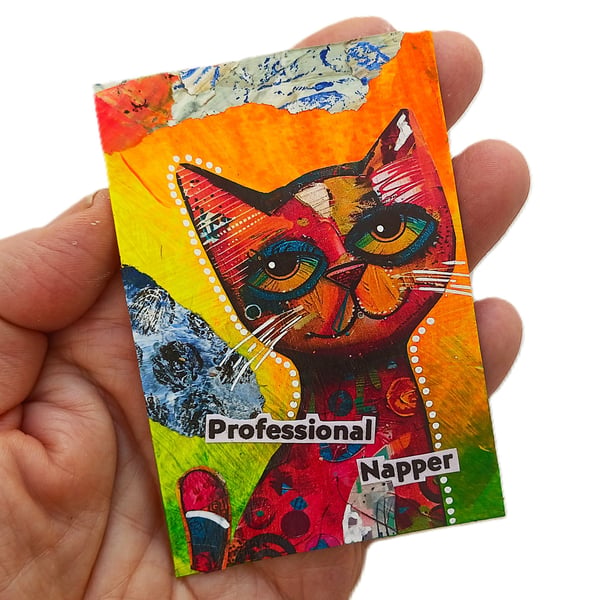 Whimsical Cat Pop Art Miniature ACEO Painting Mixed Media Original Kitty Artwork