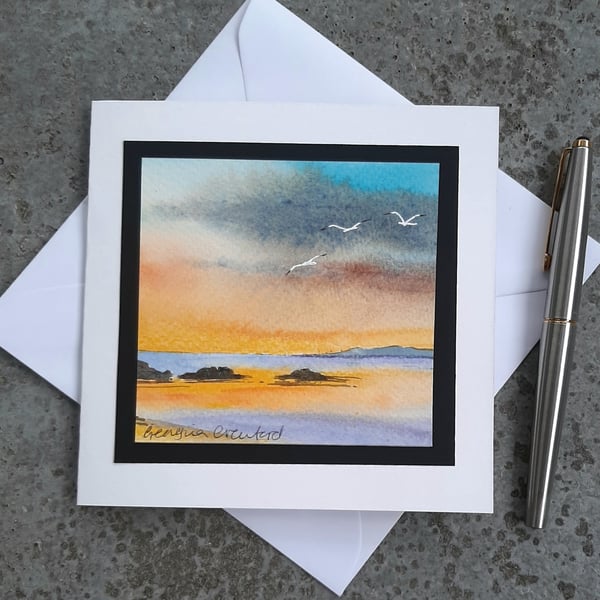 Birthday Anniversary Blank Card. Sunset Gulls Watercolour Painting. Notelet.