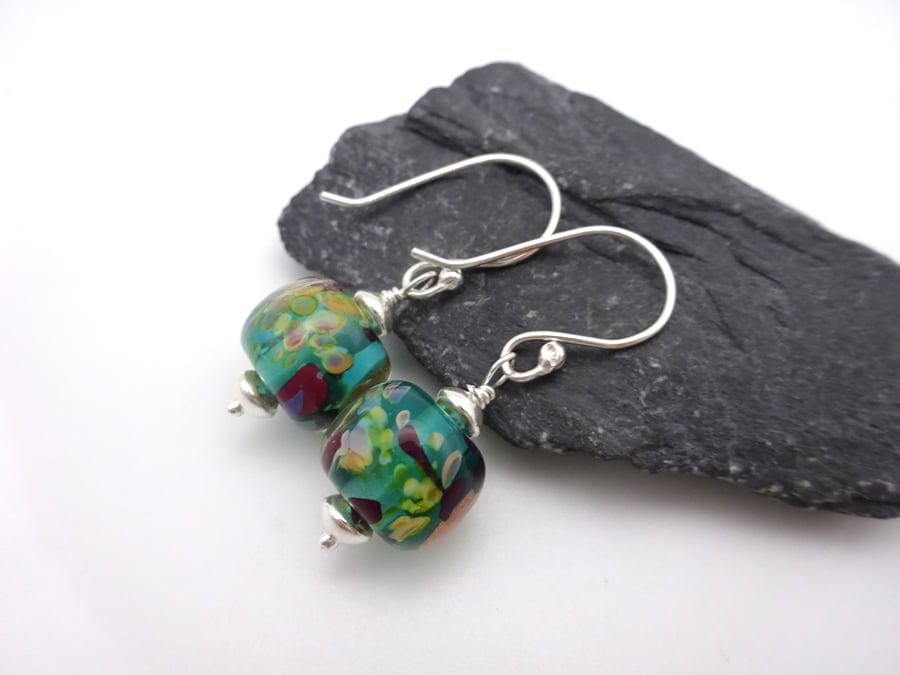 green lampwork glass earrings