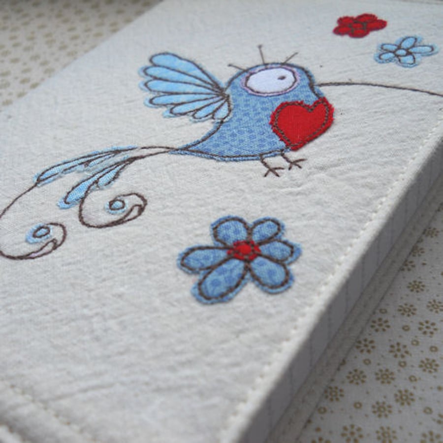 embroidered notebook - blue hummingbird - A6 size