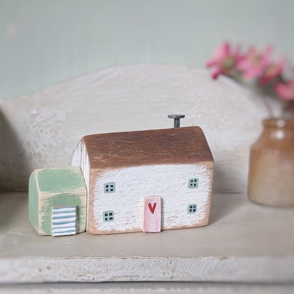 Little Handmade Painted Wooden House with Teeny Side Shed