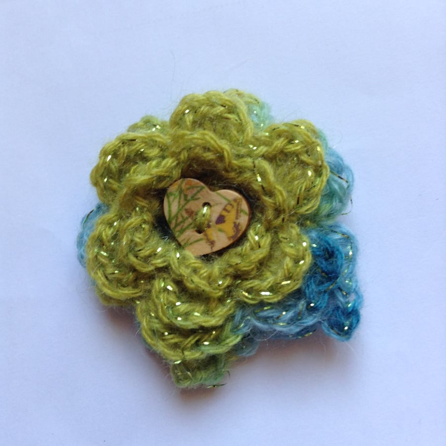Crochet Flower Corsage Brooch in Green and Turquoise