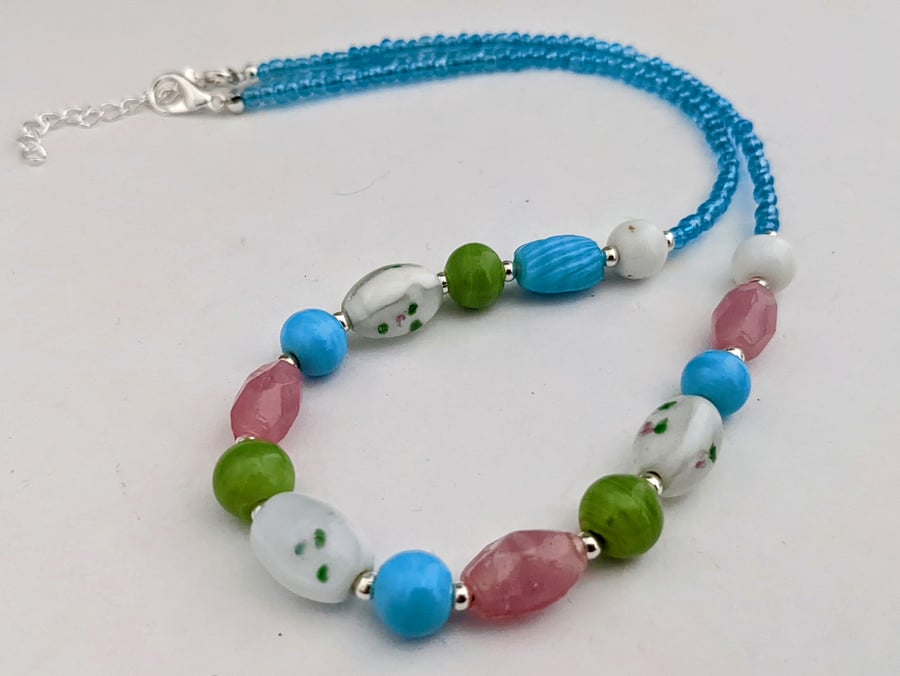 Turquoise, lime and pink glass bead necklace - 1002647