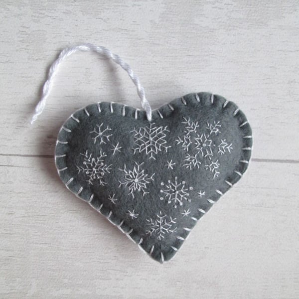 Hand Embroidered Keepsake Heart Christmas Decoration - Snowflakes on Grey