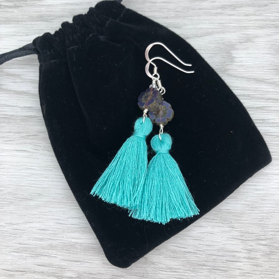 SALE.. Turquoise and purple tassel earrings. Sterling silver