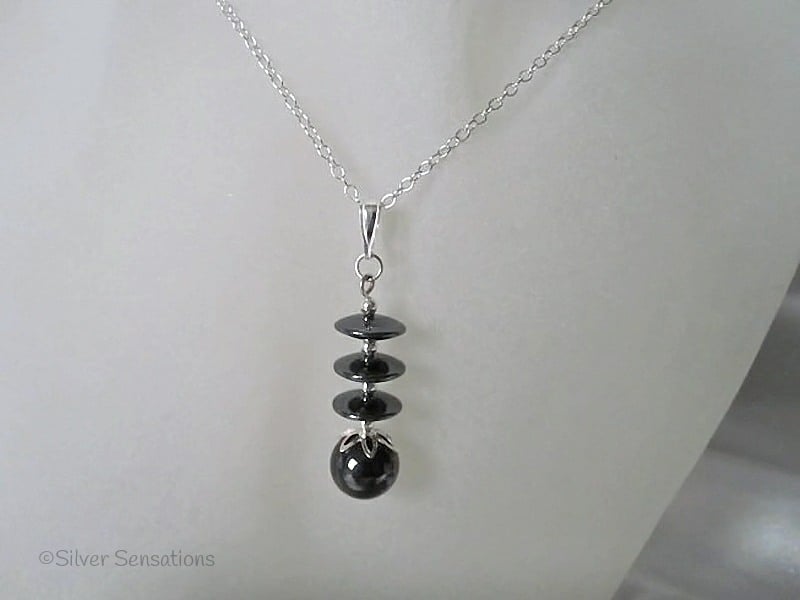 Hematite Discs & Sterling Silver Pendant Necklace