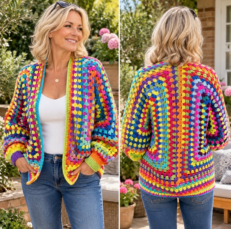 Handmade Rainbow Crochet Hexagon Cardigan 