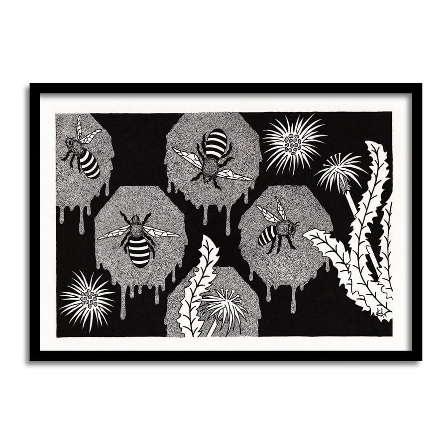 Honeycomb Bees And Dandelions Original Art Pen And Ink Drawing