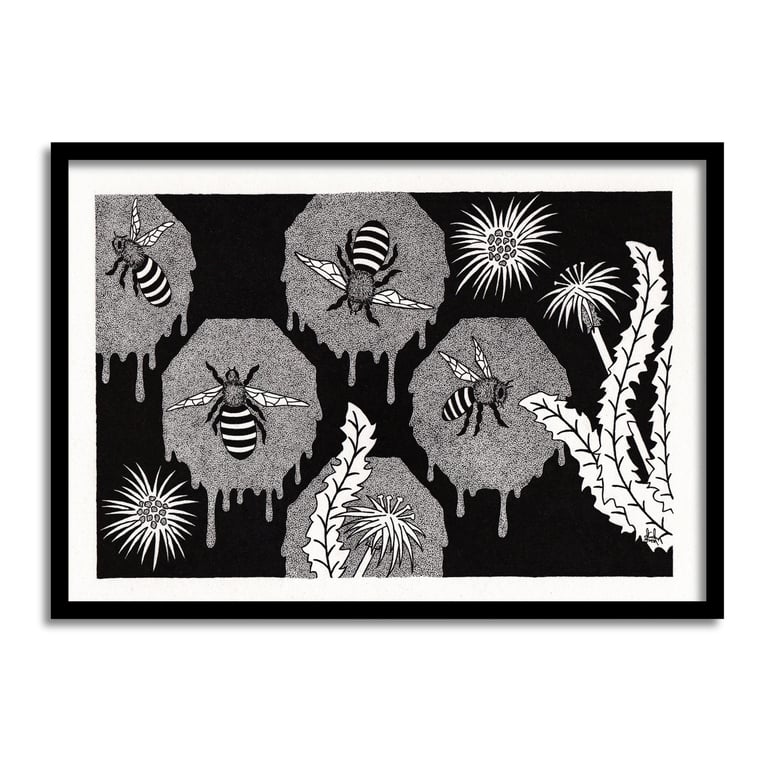 Honeycomb Bees And Dandelions Original Art Pen And Ink Drawing