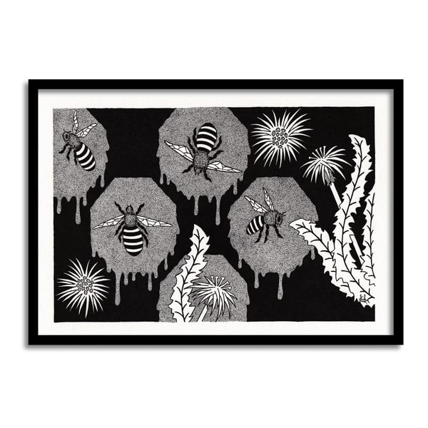 Honeycomb Bees And Dandelions Original Art Pen And Ink Drawing