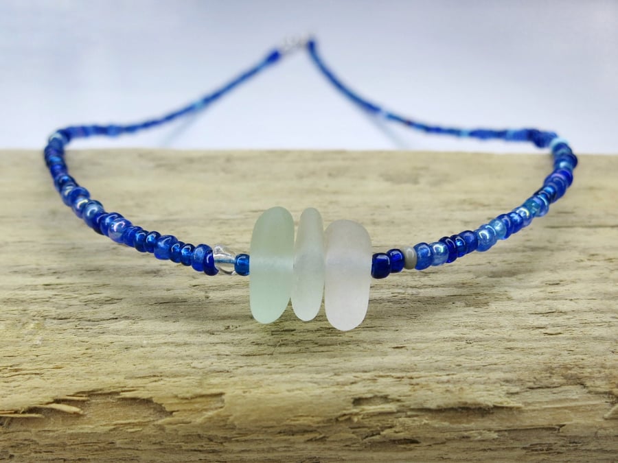 Cornish Sea Glass Necklace with Blue Seed Beads - White Shades