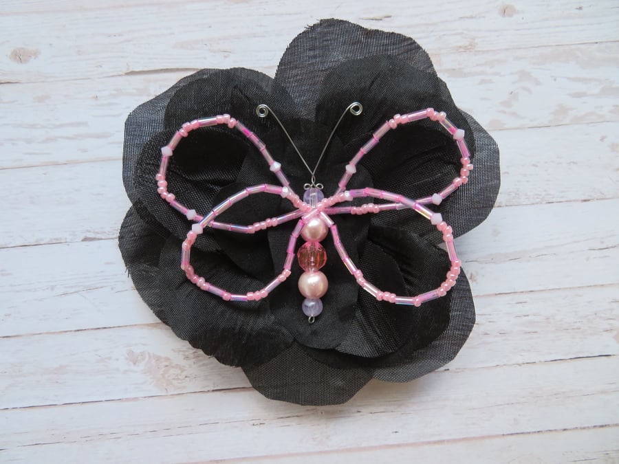 Black & Pale Pink Crystal Butterfly Brooch Corsage Wedding Gift