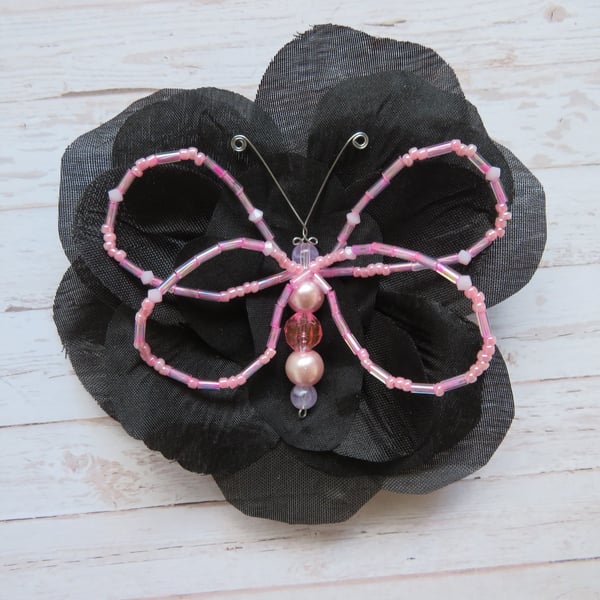 Black & Pale Pink Crystal Butterfly Brooch Corsage Wedding Gift