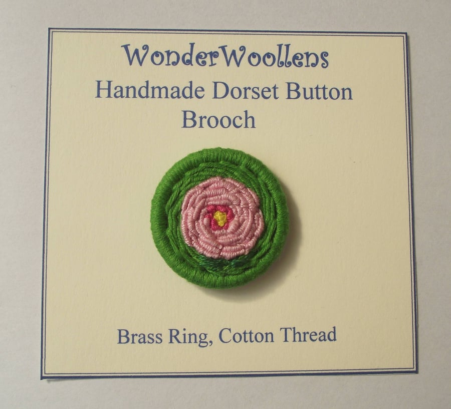 Pink Rose Dorset Button Brooch or Pin, 3.5cm, Pink Flower, Made with Cotton 