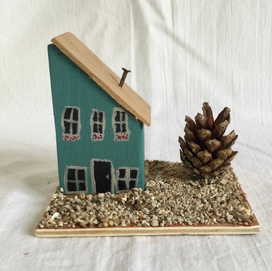 Handmade small wooden house ornament. Handmade wooden gift. Hand-painted wooden 