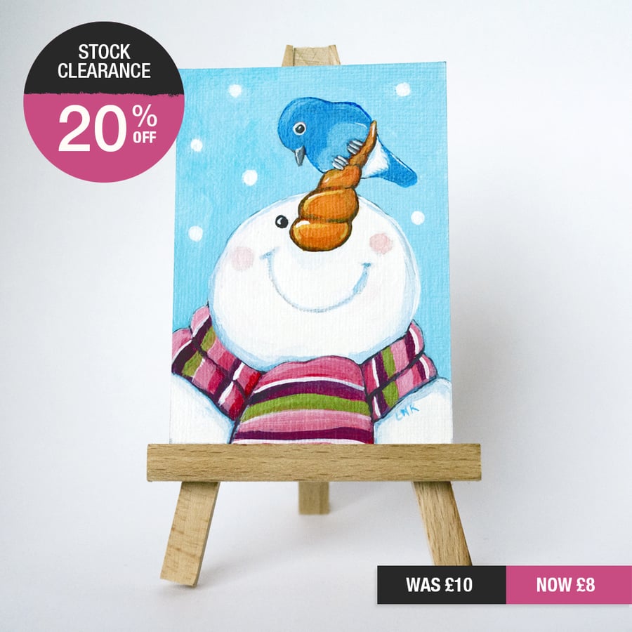 SALE - Original ACEO - Happy Snowman with Carrot Nose and Bluebird