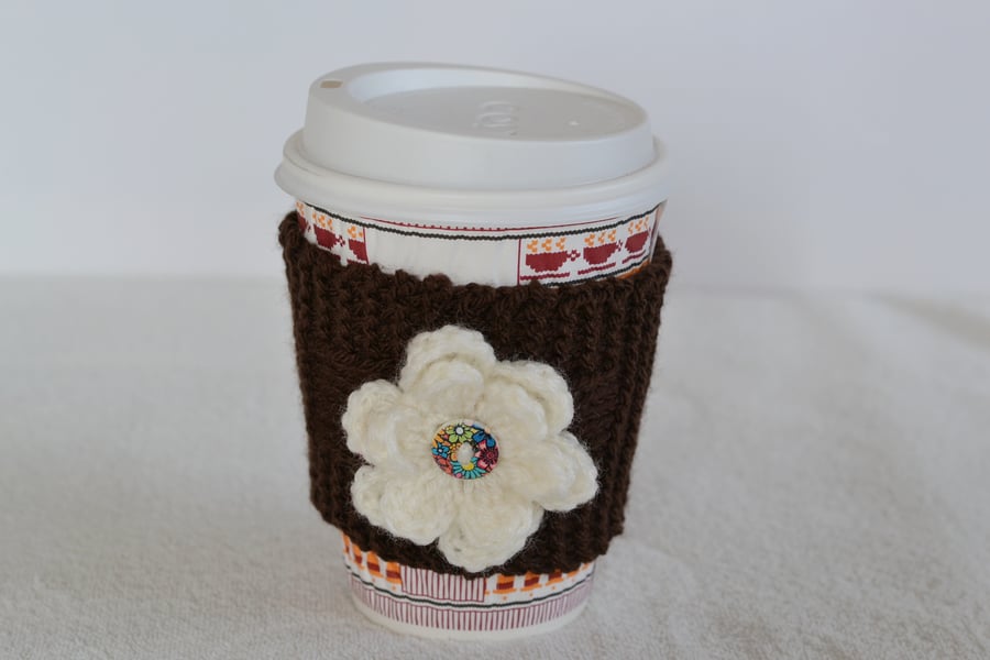 Brown Basketweave Knitted Cup Cozy With Flower