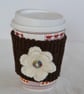 Brown Basketweave Knitted Cup Cozy With Flower - Image 1