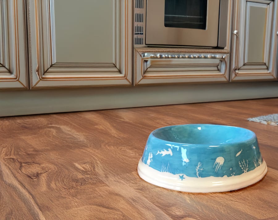 Handpainted Ceramic Dog Bowl: Ocean Scene