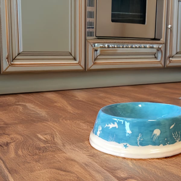 Handpainted Ceramic Dog Bowl: Ocean Scene