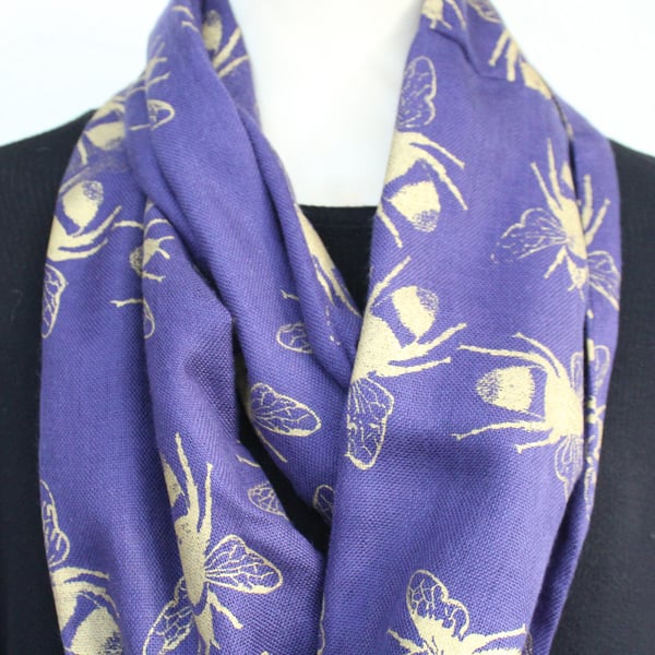 Blue designer scarf,gold bee hand print,cotton blend scarf,ECO gift