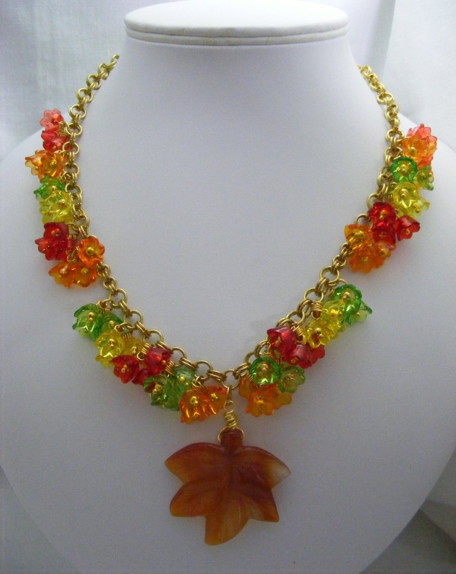 Autumnal Flowers and Red Agate Gemstone Leaf  Necklace