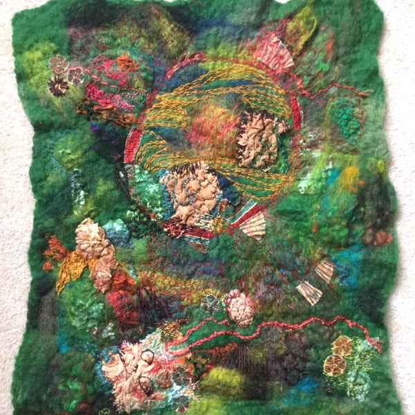Handmade Felted, embroidered wall hanging, artwork
