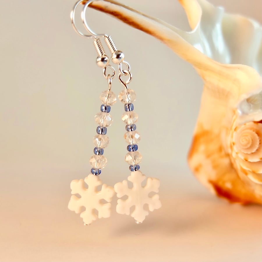 Snowflake Earrings With Sparkly Crystals And Ice Blue Glass - Free UK Delivery